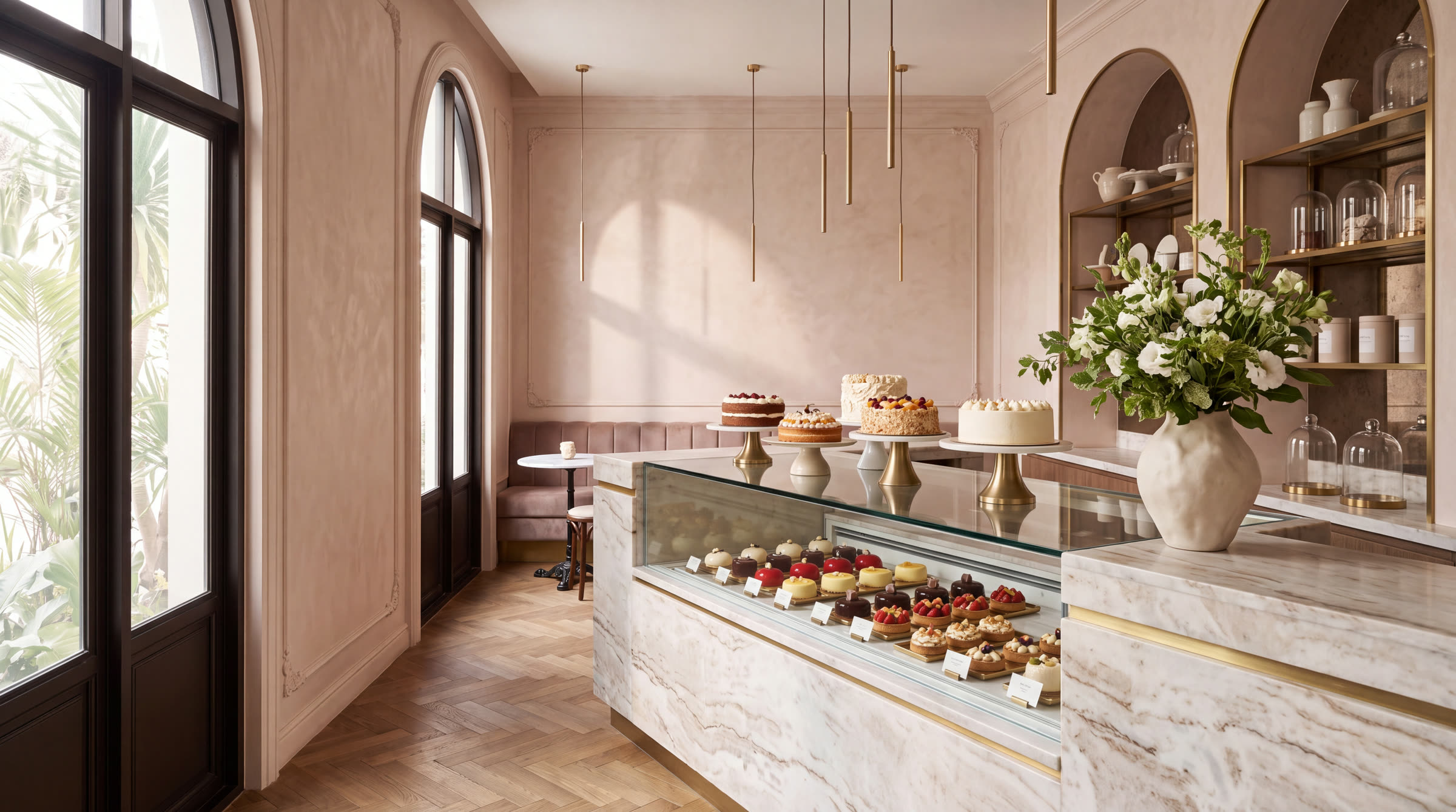 Inside Ondine: a marble counter and glass cabinet of entremets and tarts, blush walls and white flowers in the morning light.