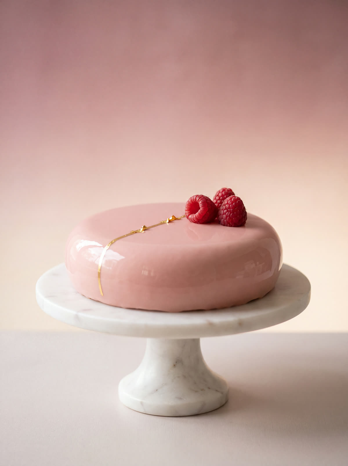 A glazed entremet with raspberries on a marble stand
