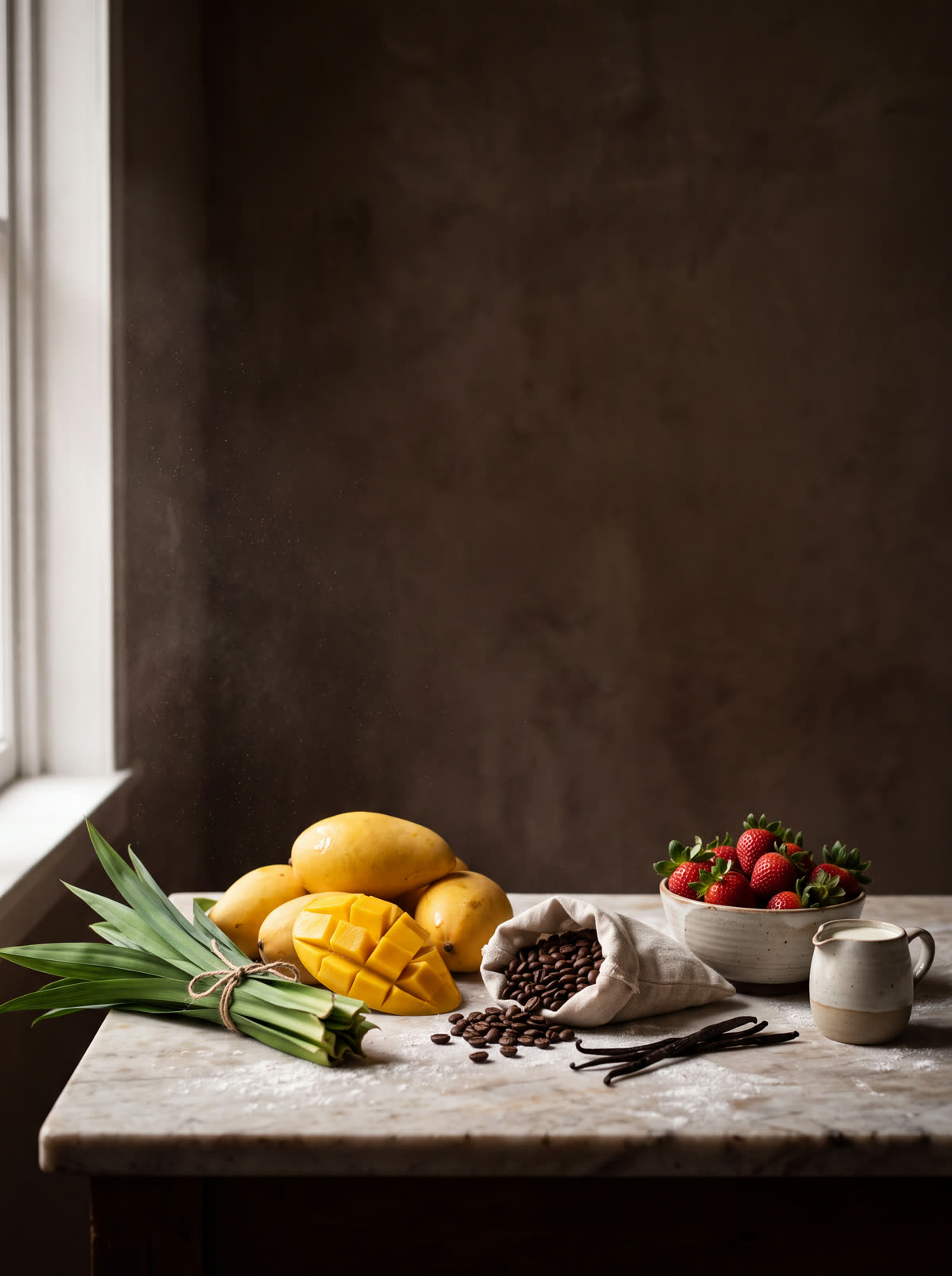 Mangoes, pandan, strawberries and vanilla on a marble bench