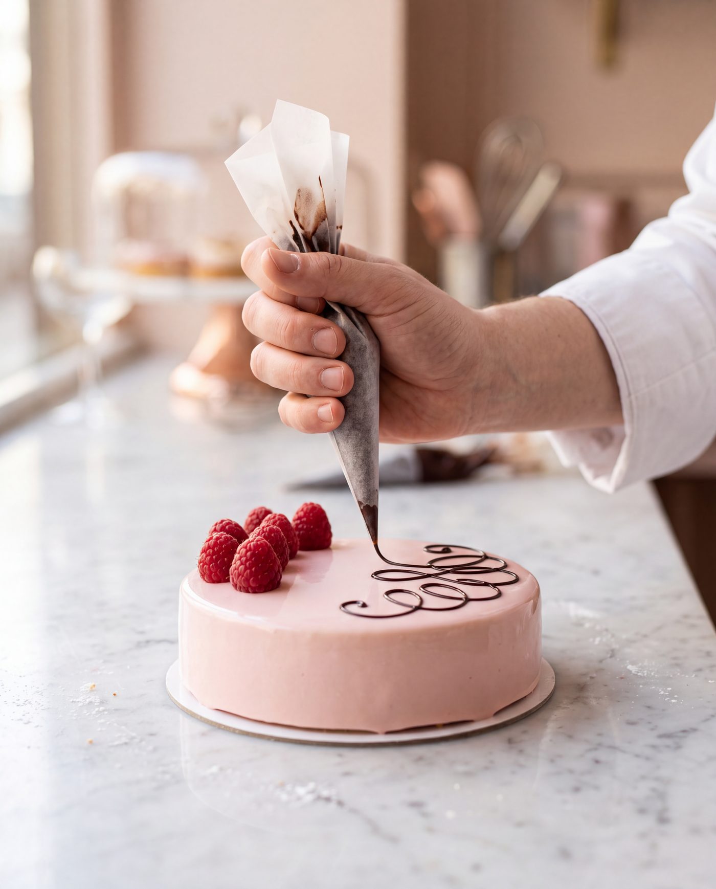 A pâtissier pipes chocolate onto a pink glazed cake