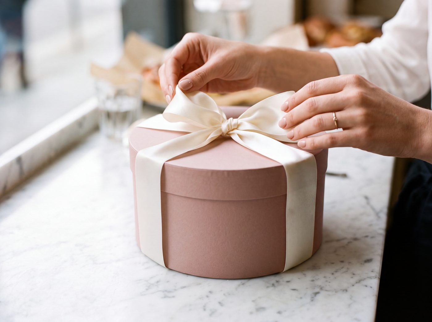 Hands tying an ivory ribbon on a pink cake box